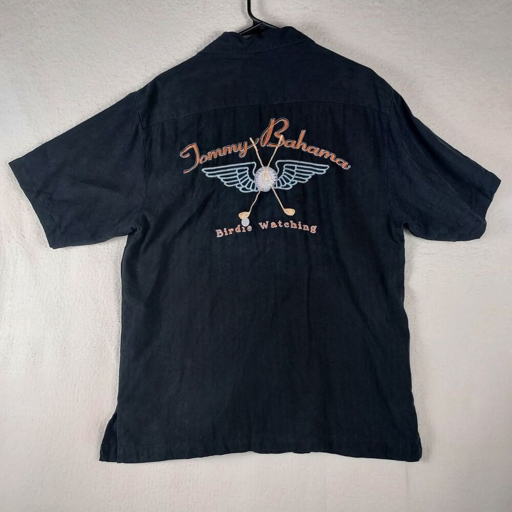 Tommy Bahama Silk Hawaiian Shirt Birdie Watching Golf Embroidery Men’s S